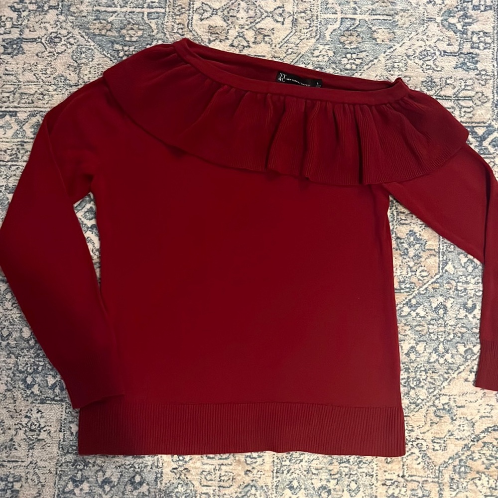 Red New York and Company off one shoulder sweater